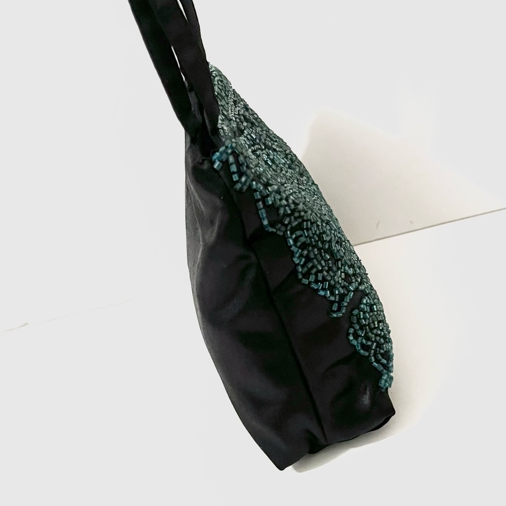 Vintage Teal Green Beaded Evening Bag Black Satin - Picture 10 of 15